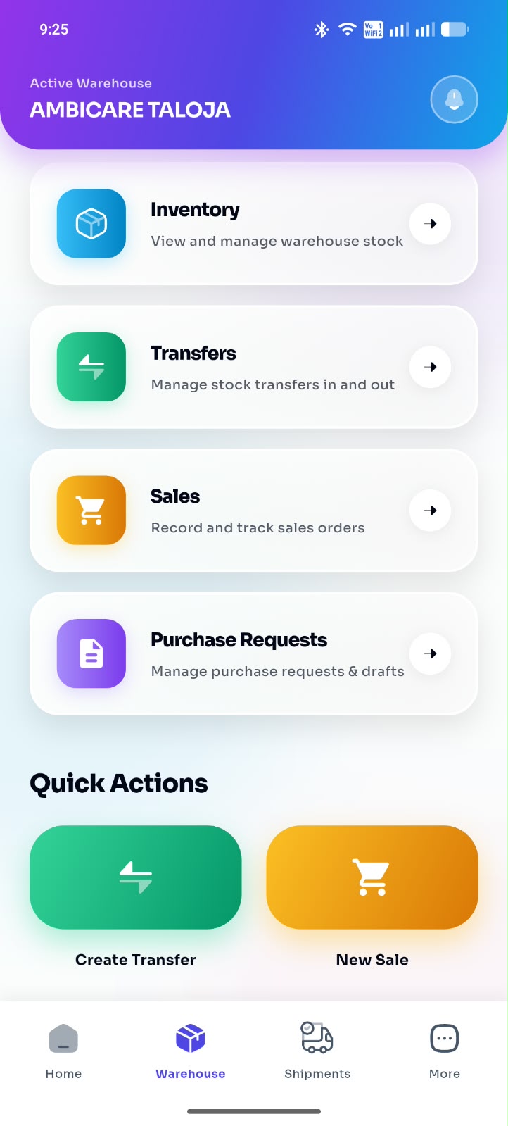 Ambicare Warehouse dashboard inside a mobile mockup