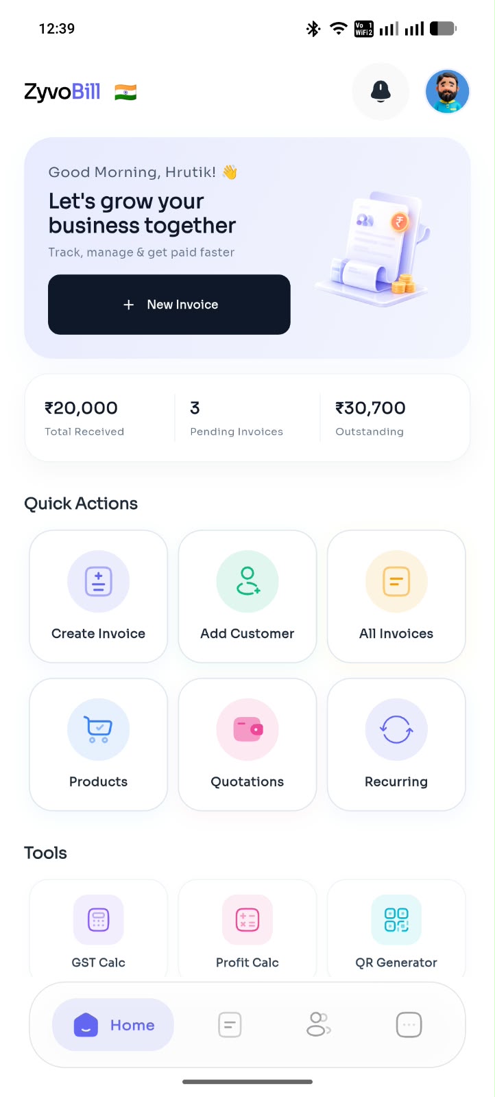 ZyvoBill Business dashboard inside a mobile mockup